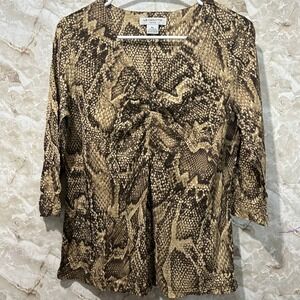 Liz Claiborne Snakeskin Print Top Twist Front 3/4‎ Sleeve Petite Large